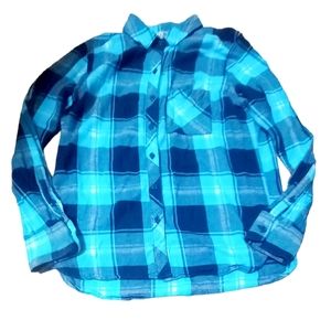 WoolRich Cotton Plaid Shirt Boy Button-Up Dark/Light Blue Long Sleeve Round Neck